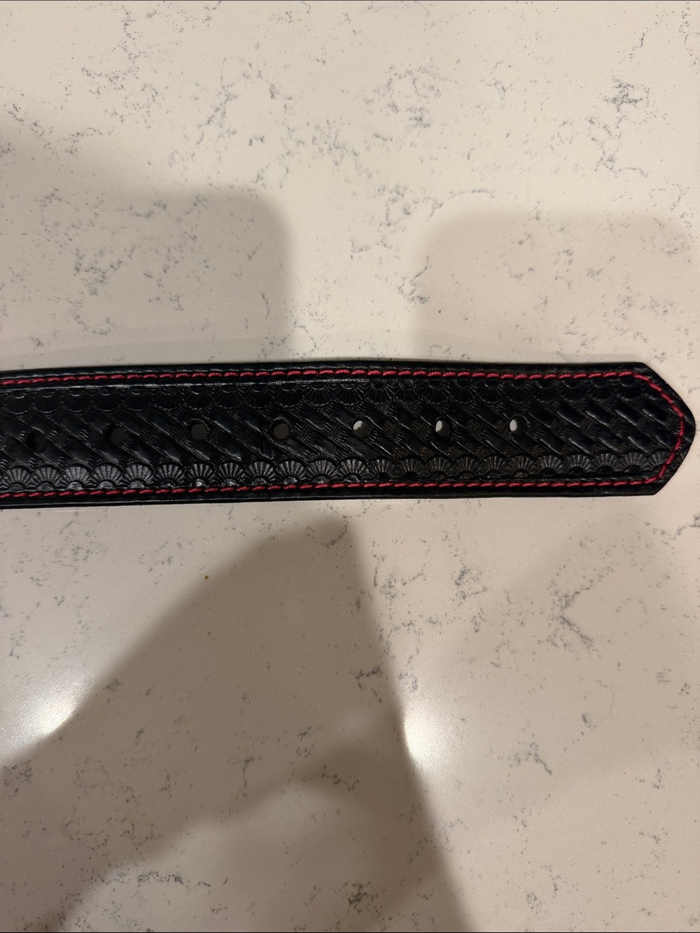Local Artisan Made Hand Embossed Leather Biker Belt with Red Contrast Stitching - Picture 7 of 8